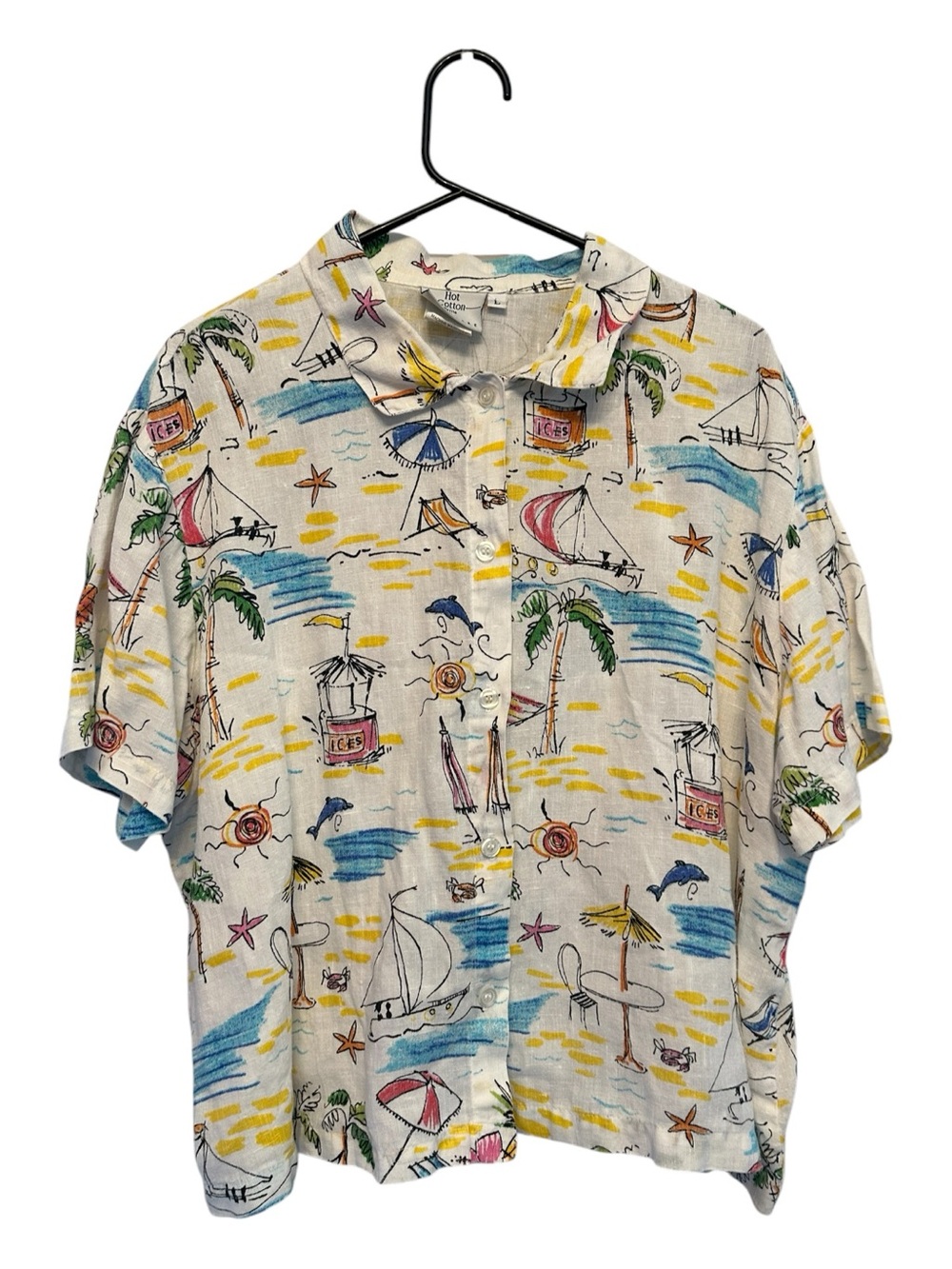 Vintage 90’s Hot Cotton White Tropical Print Short-Sleeve Button-Down Shirt LP